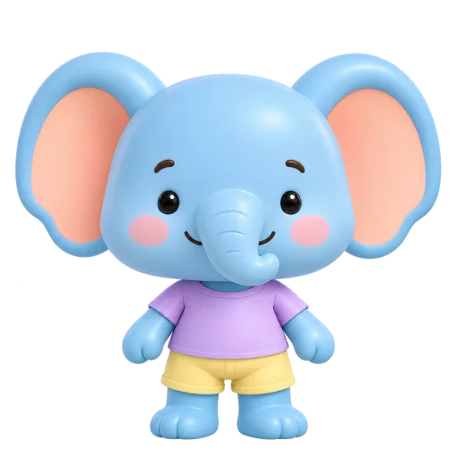 Mochi, a blue elephant in a purple shirt